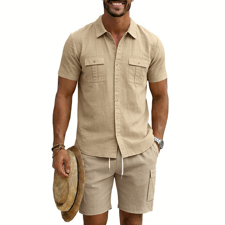 Men's summer leisure set made of cotton-linen blend with short-sleeve shirt and cargo shorts StylebySassy