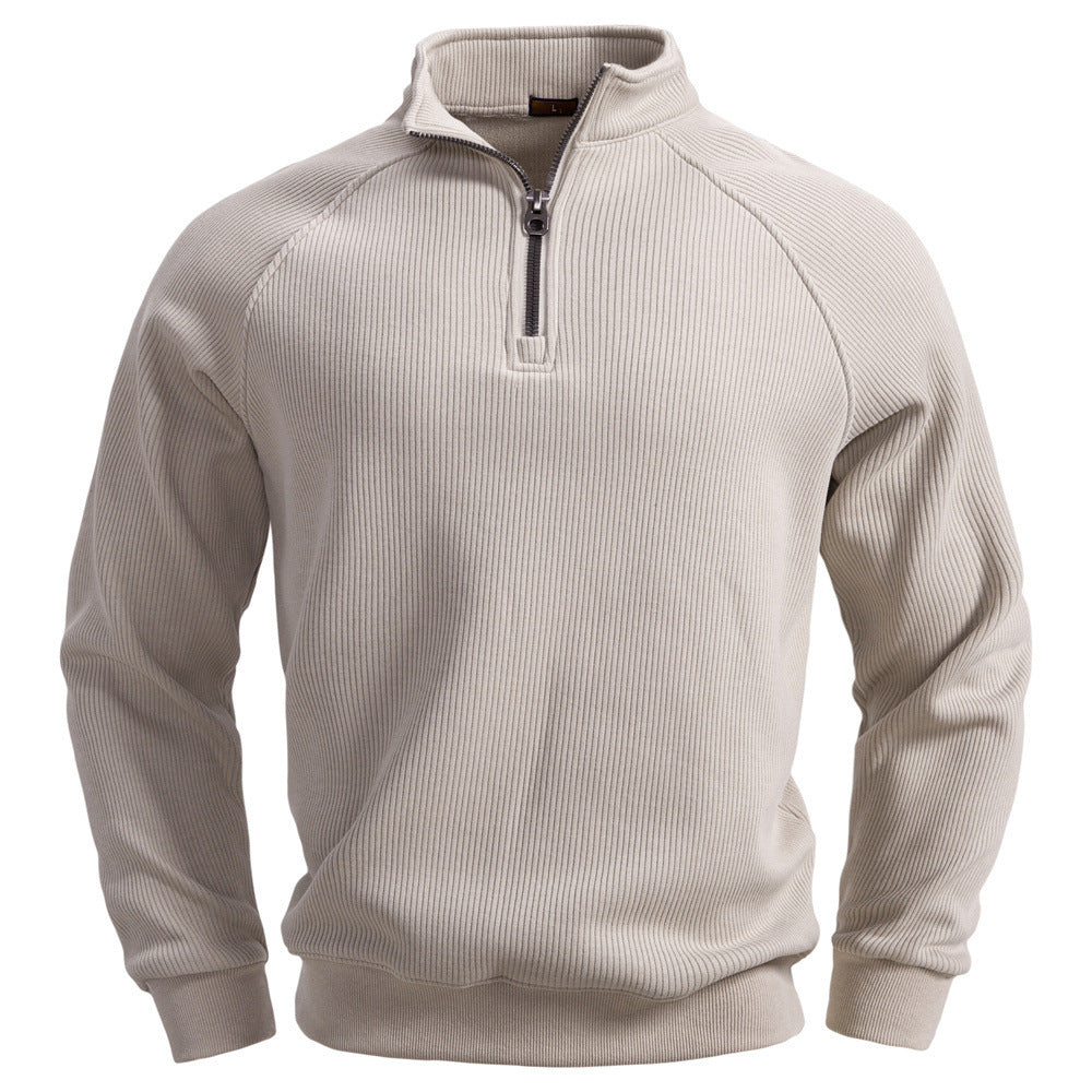 Men's fine ribbed half-zip pullover with stand-up collar, raglan sleeves, and elastic cuffs StylebySassy
