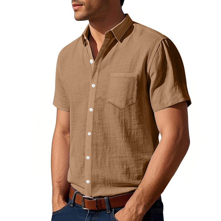Men's short-sleeved cotton-linen casual shirt with Kent collar, chest pocket, and continuous button placket StylebySassy