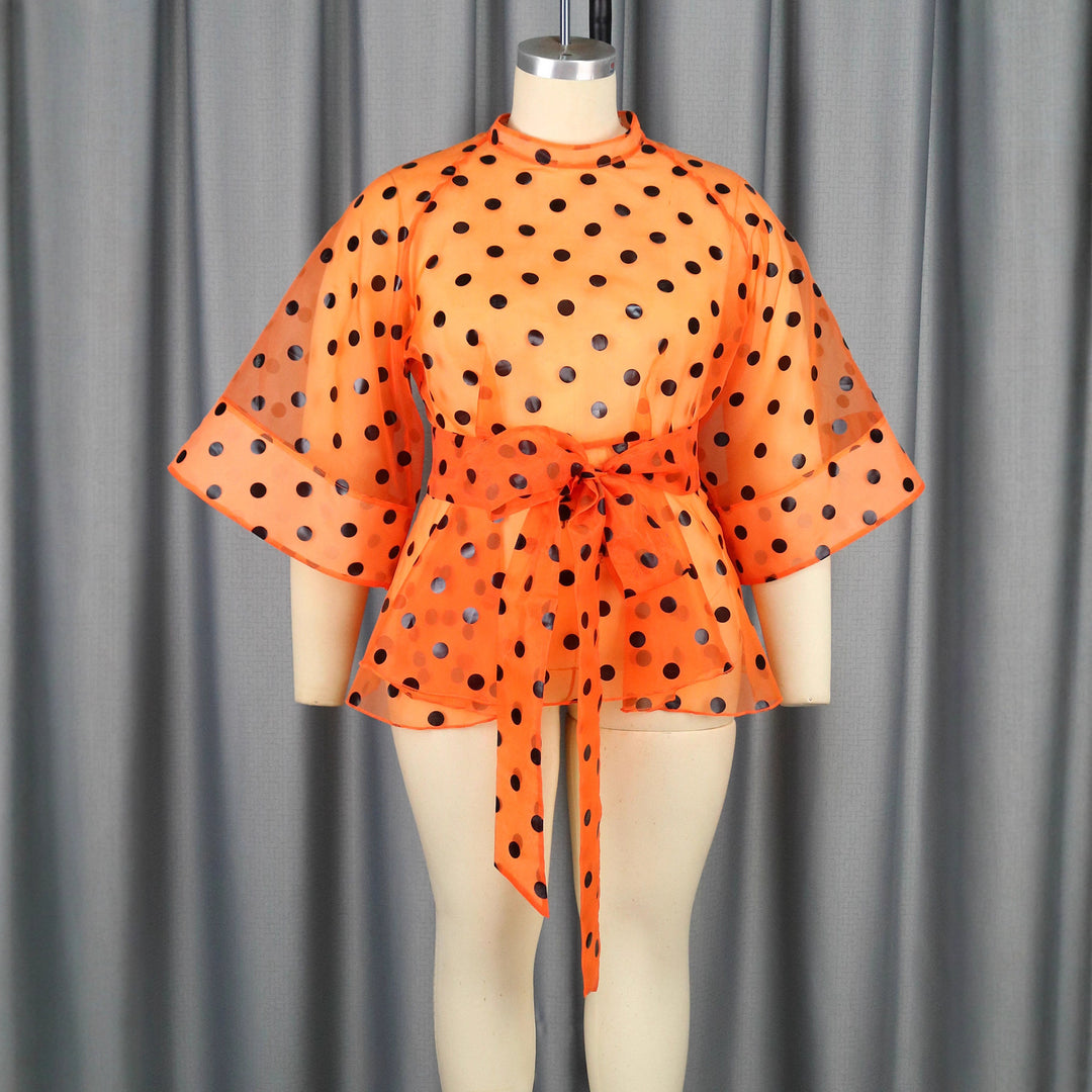 Women's chiffon blouse with transparent polka dots design and fitted tie belt StylebySassy