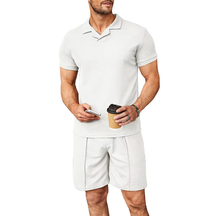 Men's two-piece leisure set made of structured cotton blend with polo shirt and straight comfort shorts StylebySassy