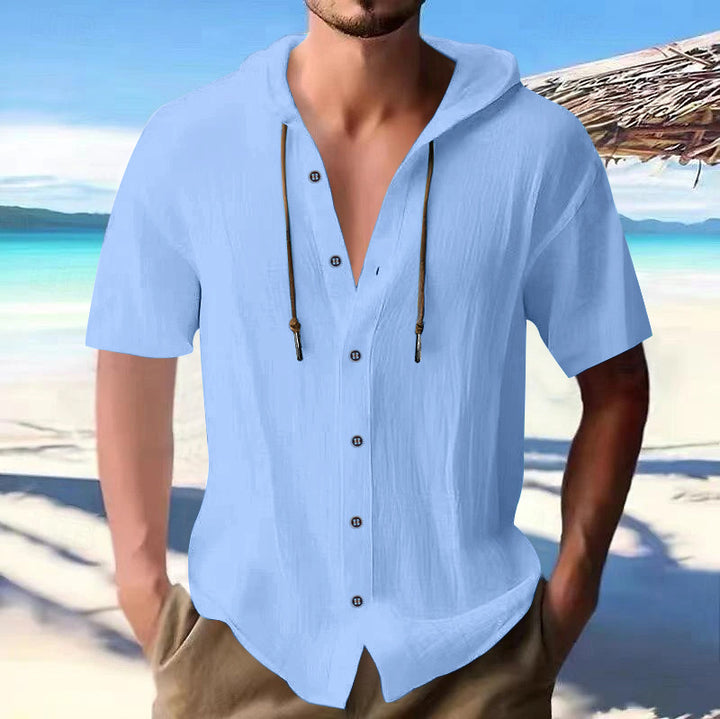 Men's lightweight short-sleeve hooded shirt with button placket and breathable cotton blend StylebySassy