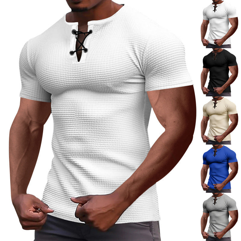 Men's short-sleeve shirt with lace collar, metal eyelets, and fine structured jersey StylebySassy