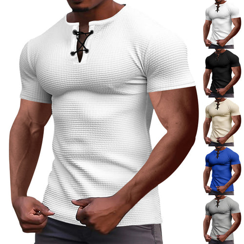 Men's short-sleeve shirt with lace collar, metal eyelets, and fine structured jersey StylebySassy