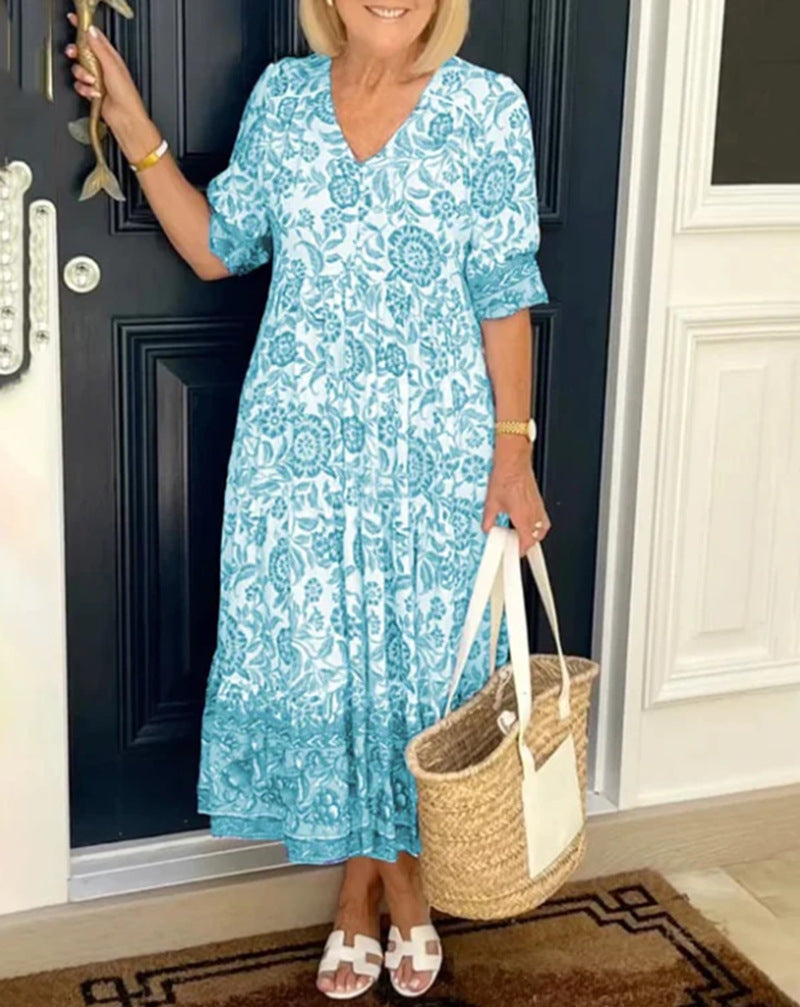 Women's Casual Tiered Midi Dress with V-Neck, Gathered Yoke and Ruffled Hem StylebySassy