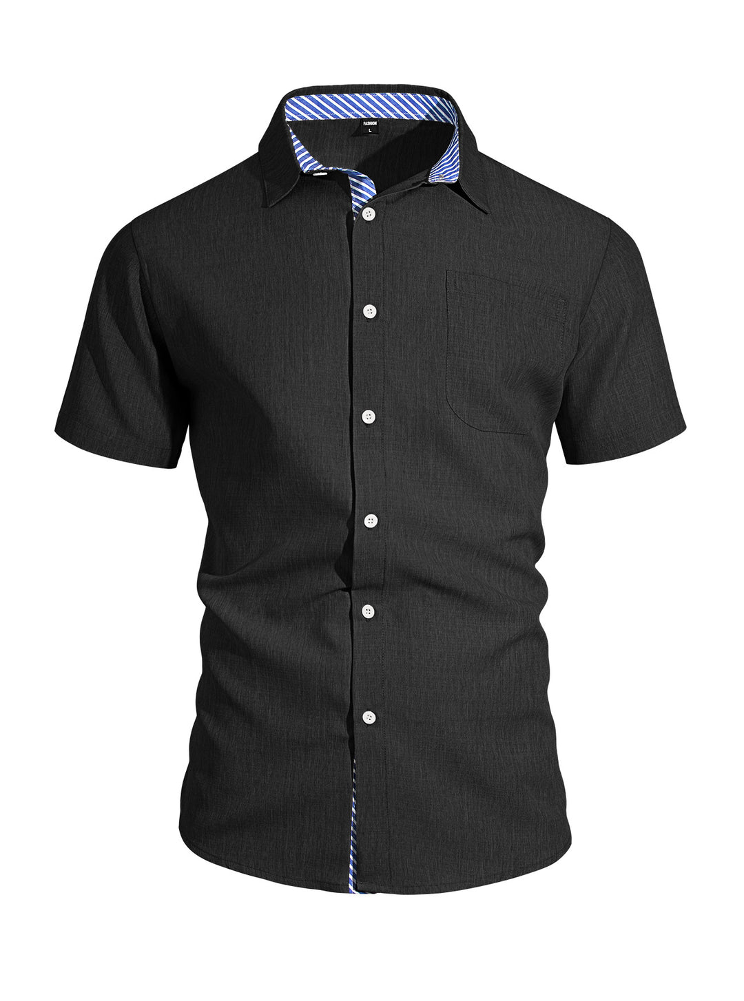 Men's Business Casual Short Sleeve Shirt with Striped Collar Lining and Chest Pocket StylebySassy