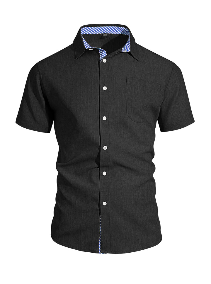 Men's Business Casual Short Sleeve Shirt with Striped Collar Lining and Chest Pocket StylebySassy