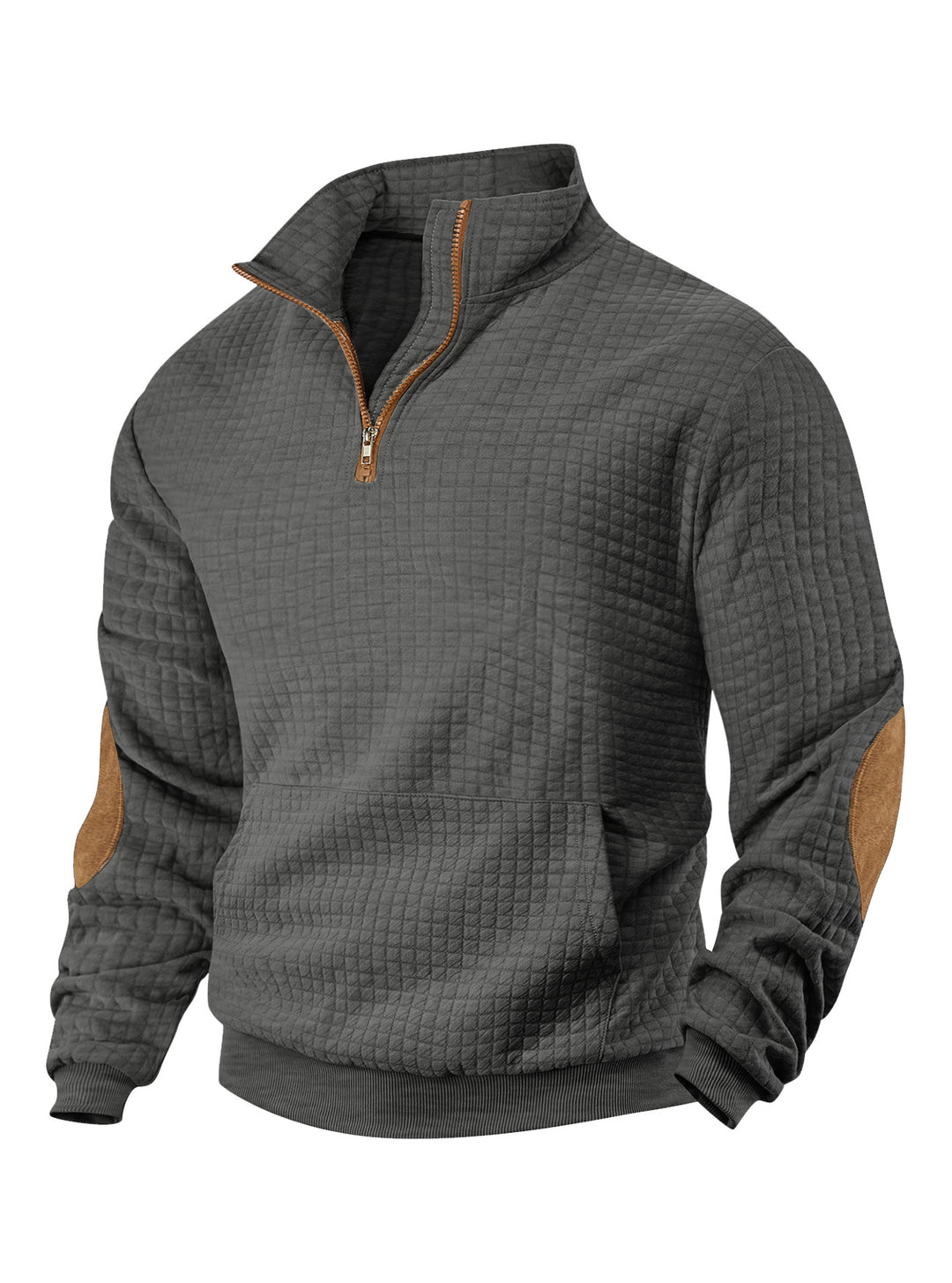 Men's waffle texture half-zip with stand-up collar, kangaroo pocket, and suede look elbow patches StylebySassy