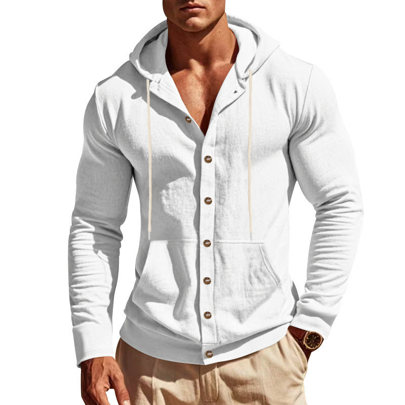 Men's slim-fit hoodie cardigan with full button placket, mounted kangaroo pocket, and lightweight structured knit StylebySassy