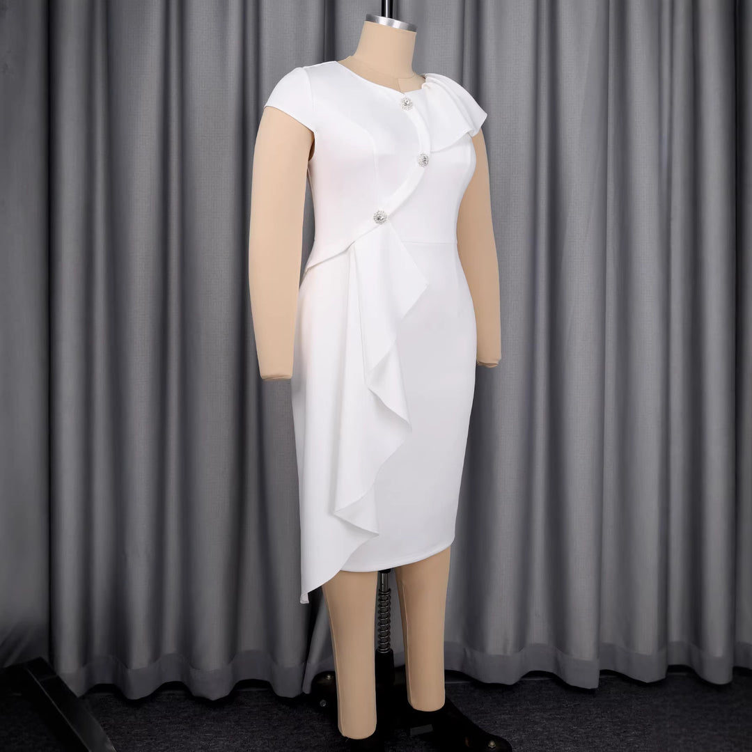 Women’s sheath dress with draped ruffles and sparkling button details StylebySassy