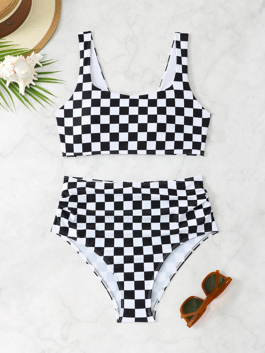 Women's High-Waisted Bikini Set with Checker Pattern StylebySassy