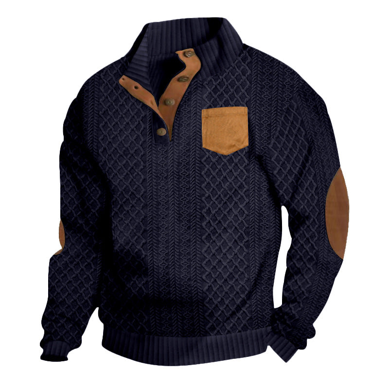 Men's cable-knit sweater with stand collar, button placket, patch breast pocket, and leather-look elbow patches StylebySassy