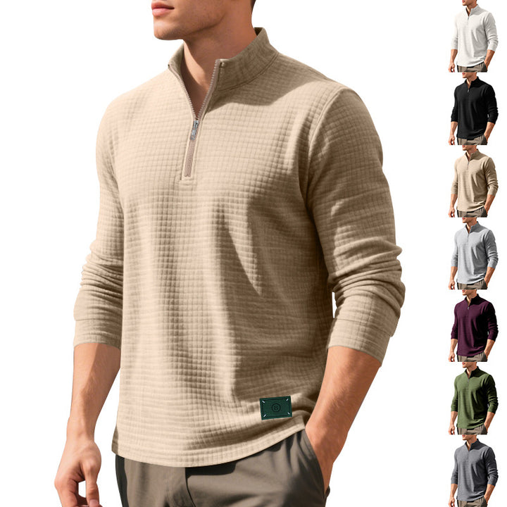 Men's nano lightweight waffle knit pullover with short collar zipper and rounded hem StylebySassy