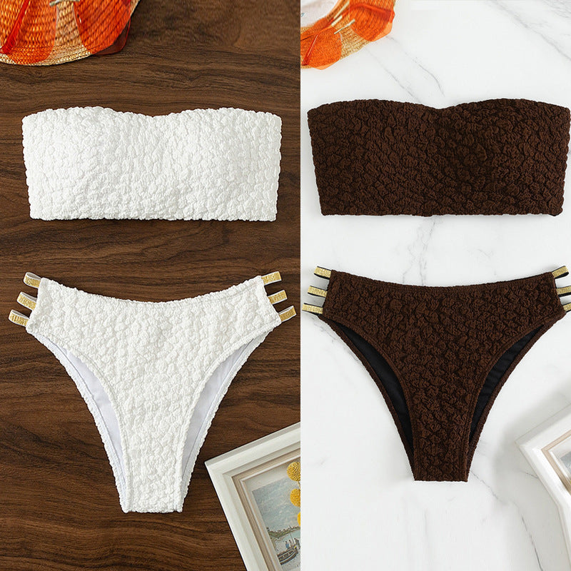 Ladies bandeau bikini with fashionable ripple pattern and elegant embellishments StylebySassy