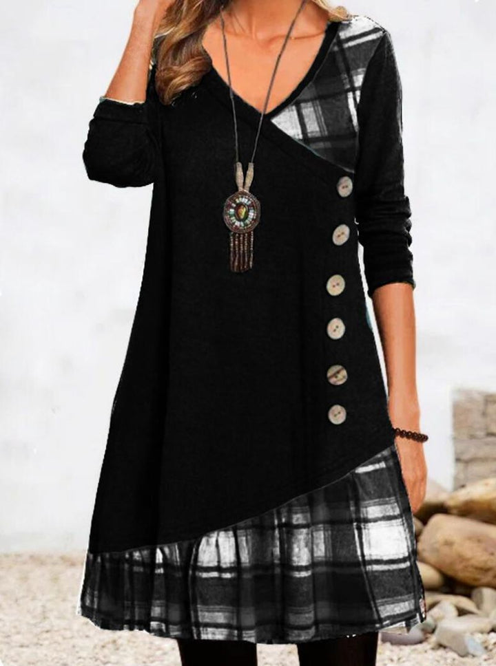 Women's asymmetrical V-neck tunic dress with decorative button placket and animal print trim StylebySassy