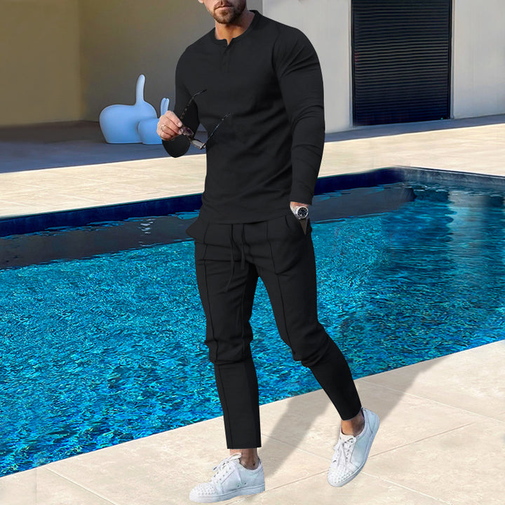 Men's nano athletic Henley long sleeve shirt and tapered jogging pants with decorative seams StylebySassy