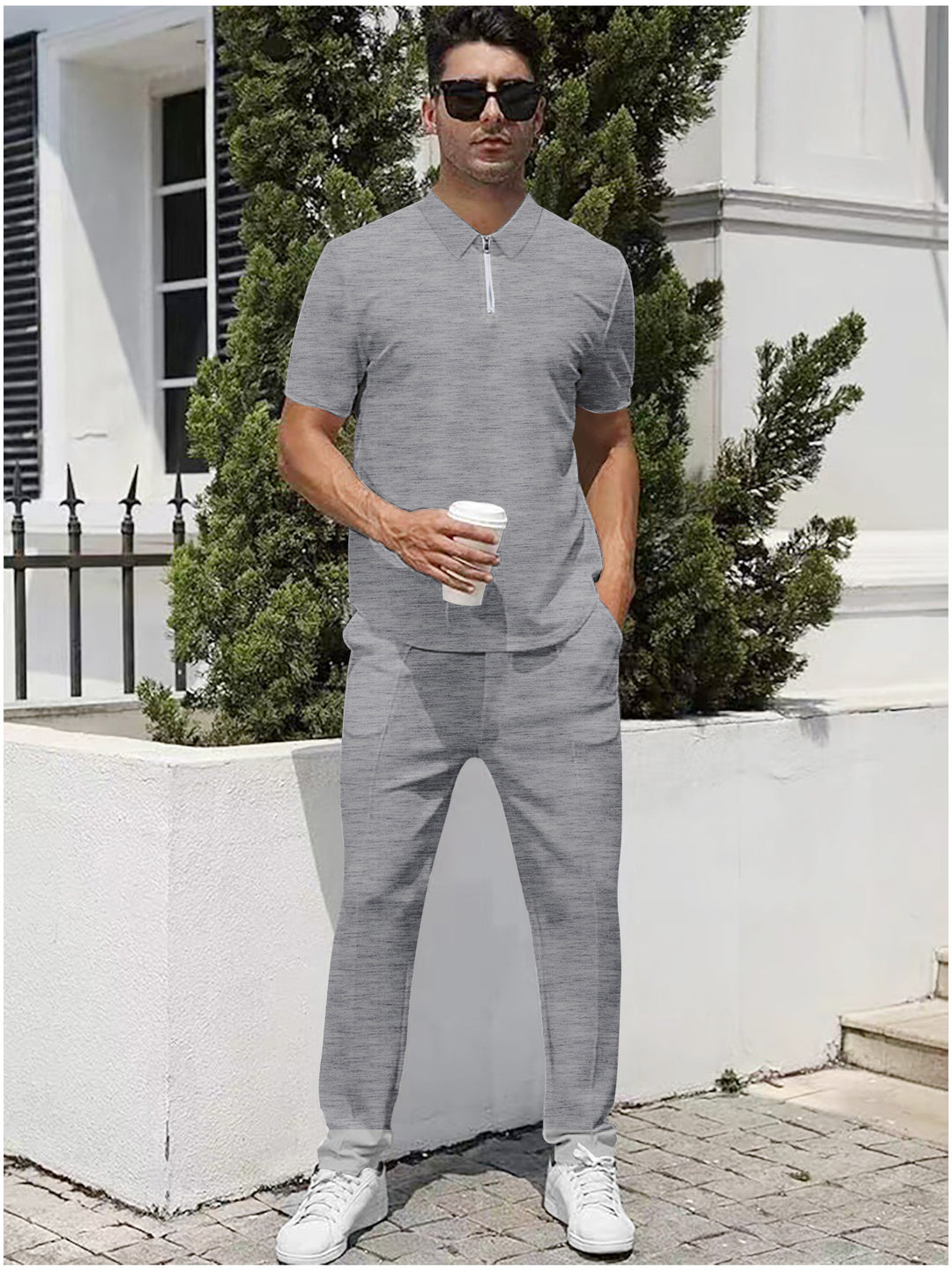Men's urban travel polo shirt with short front zipper, elastic interlock and wrinkle-free care StylebySassy