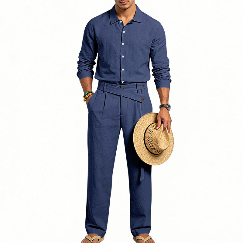 Men's elegant linen two-piece set with shirt and high-waisted pants with tie belt StylebySassy