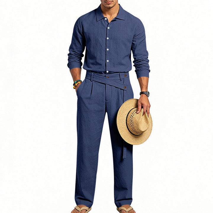 Men's elegant linen two-piece set with shirt and high-waisted pants with tie belt StylebySassy