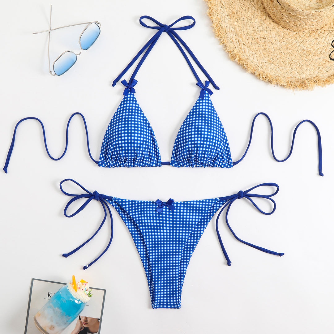 Ladies triangle bikini with playful check pattern and adjustable straps StylebySassy
