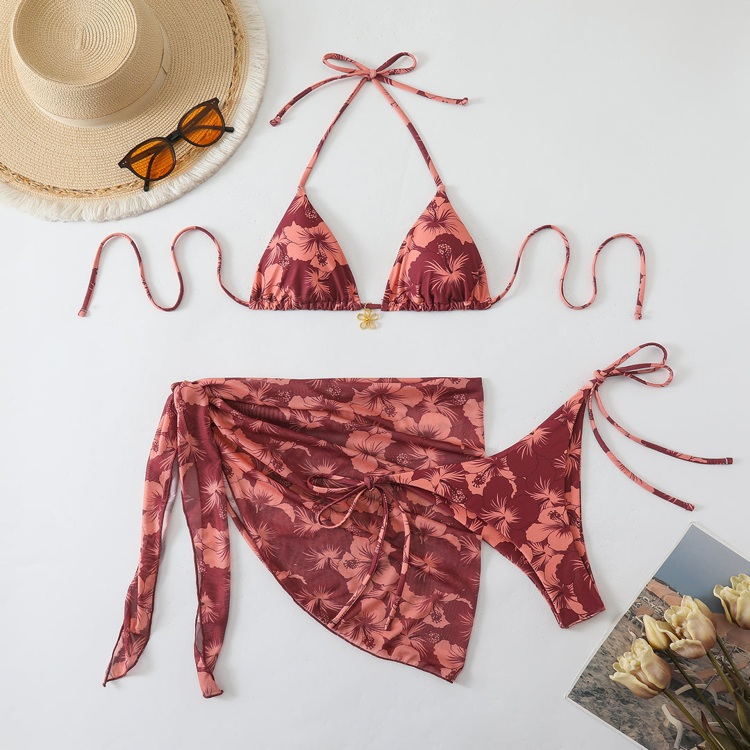 Ladies Triangle Bikini Set with Wrap Skirt and Floral Design StylebySassy