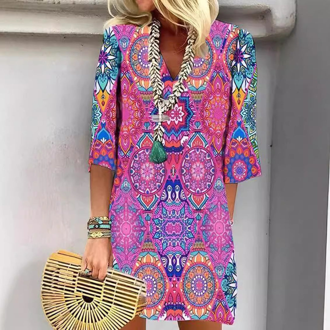 Women's short Boho tunic mini dress with V-neck, mandala all-over print and three-quarter sleeves StylebySassy