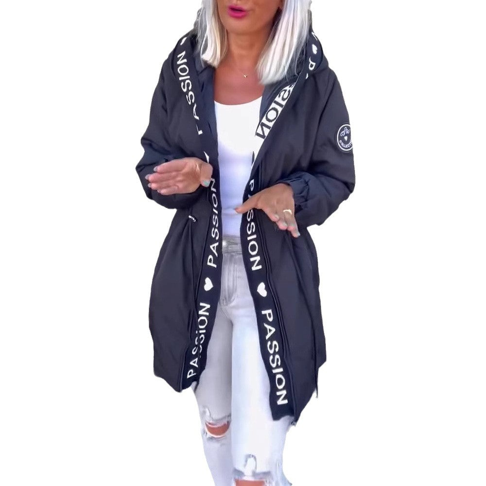 Women's Hooded Parka with Drawstring Waist and Logo Band Zipper StylebySassy
