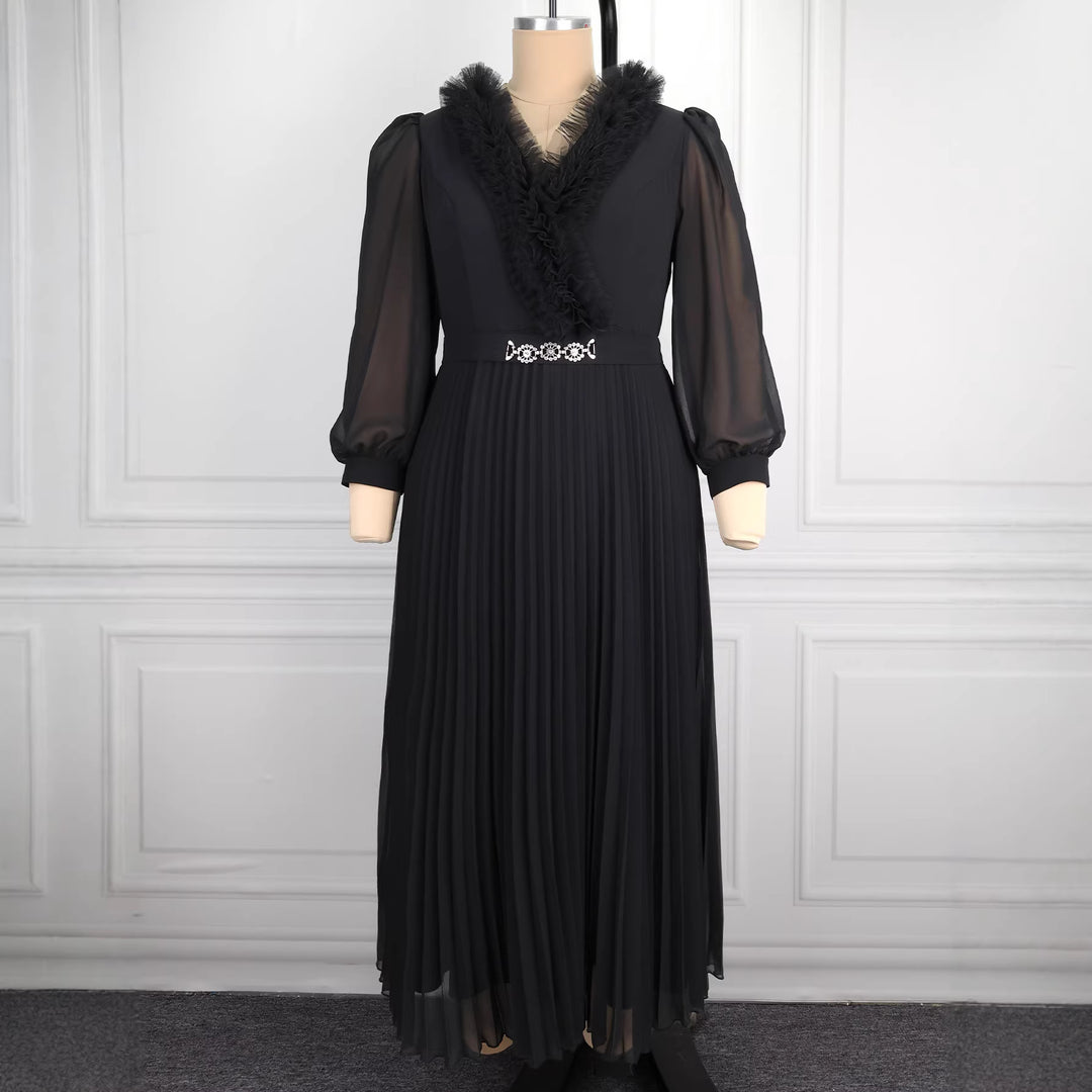 Women Elegant Pleated Midi Dress with Ruffle Details StylebySassy