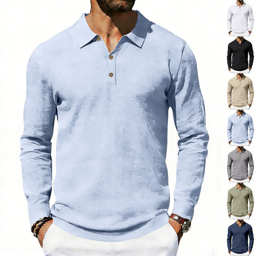 Men's long sleeve polo shirt made of cotton gauze with a shirt collar, three-button placket, and relaxed fit StylebySassy