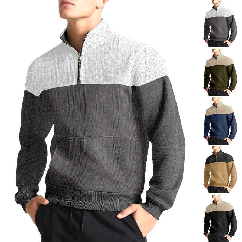Men's half-zip sweatshirt with quilted shoulder area, kangaroo pocket, and ribbed cuffs StylebySassy