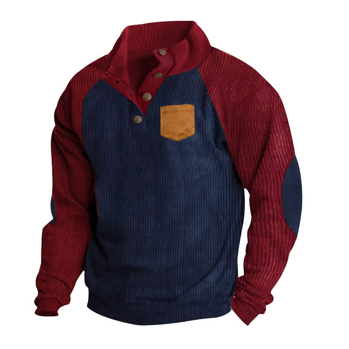 Men's structured half-button knit pullover in cord look with raglan sleeves, front chest pocket, and elbow patches StylebySassy