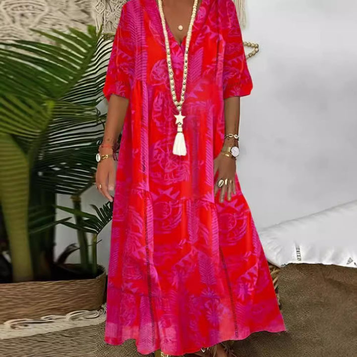 Ladies Boho Long Dress with Deep V-Neck, Tiered Cut and Casual Oversized Fit StylebySassy