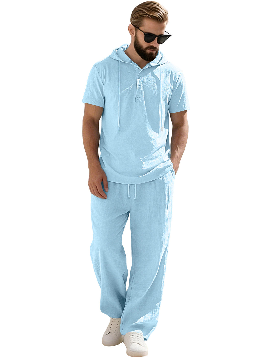 Men's casual short-sleeve hooded shirt in crinkled cotton blend with Henley button placket StylebySassy