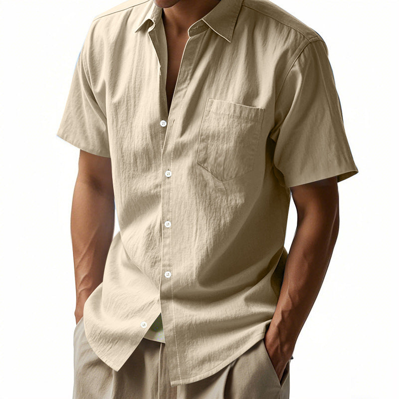 Men's short-sleeved textured shirt made of breathable slub linen with a spread collar, chest pocket, and straight hem StylebySassy