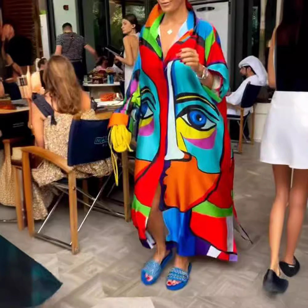 Women's oversized shirt kaftan with abstract portrait print and shirt collar StylebySassy