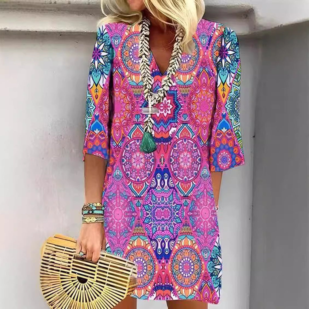 Women's short Boho tunic mini dress with V-neck, mandala all-over print and three-quarter sleeves StylebySassy