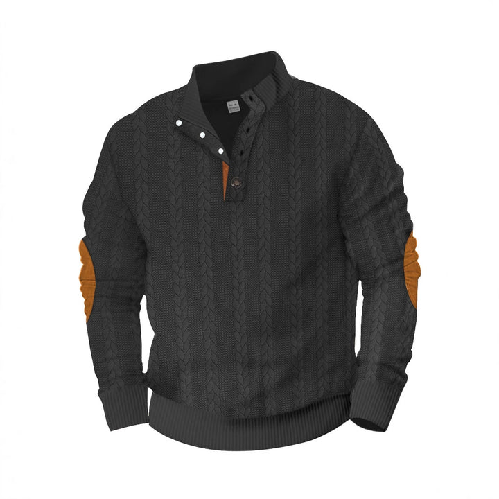 Men's casual cable knit pullover with reinforced button placket and suede elbow patches StylebySassy