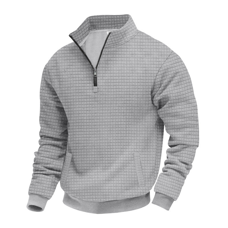 Men's waffle texture half-zip pullover with stand-up collar and subtle side pockets StylebySassy