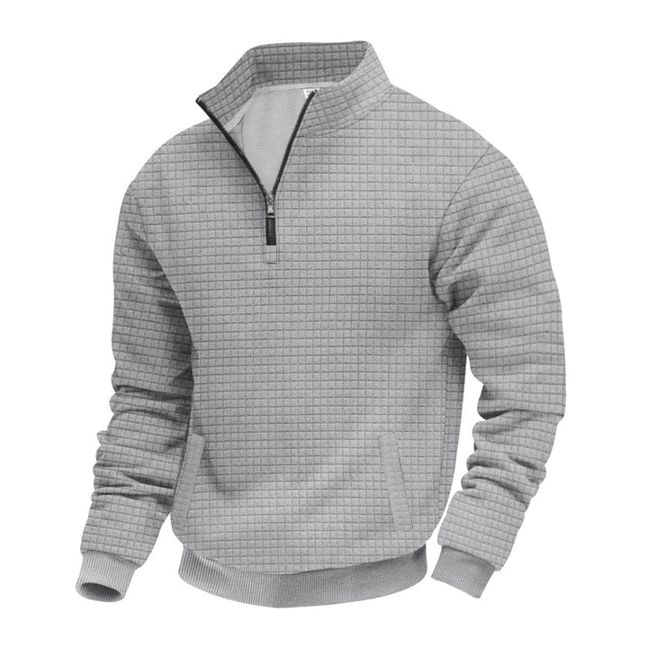 Men's waffle texture half-zip pullover with stand-up collar and subtle side pockets StylebySassy