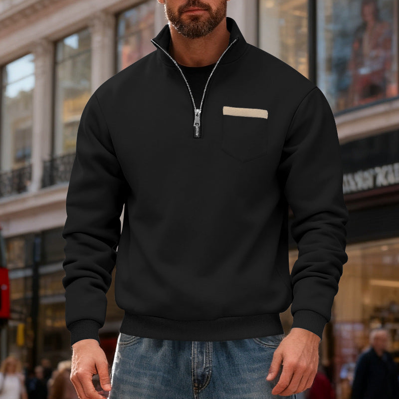 Men's nan sweatshirt with half zipper, stand-up collar, and chest pocket StylebySassy
