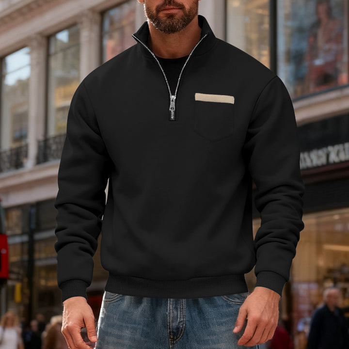 Men's nan sweatshirt with half zipper, stand-up collar, and chest pocket StylebySassy