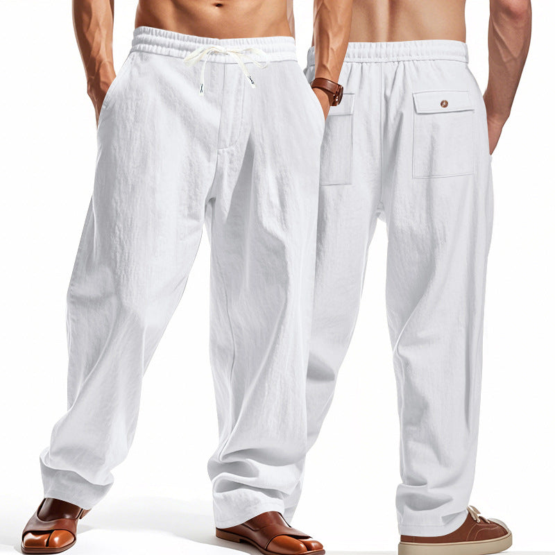 Men's wide comfort trousers in linen blend with elastic drawstring, straight leg, and patch back pockets StylebySassy