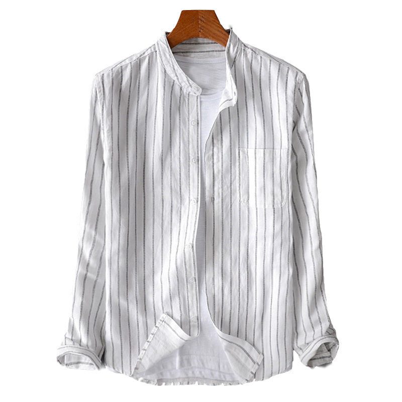 Men's casual striped stand-up collar shirt made of linen-cotton mix with chest pocket StylebySassy
