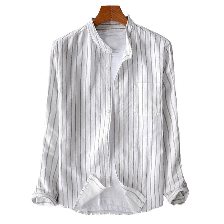 Men's casual striped stand-up collar shirt made of linen-cotton mix with chest pocket StylebySassy
