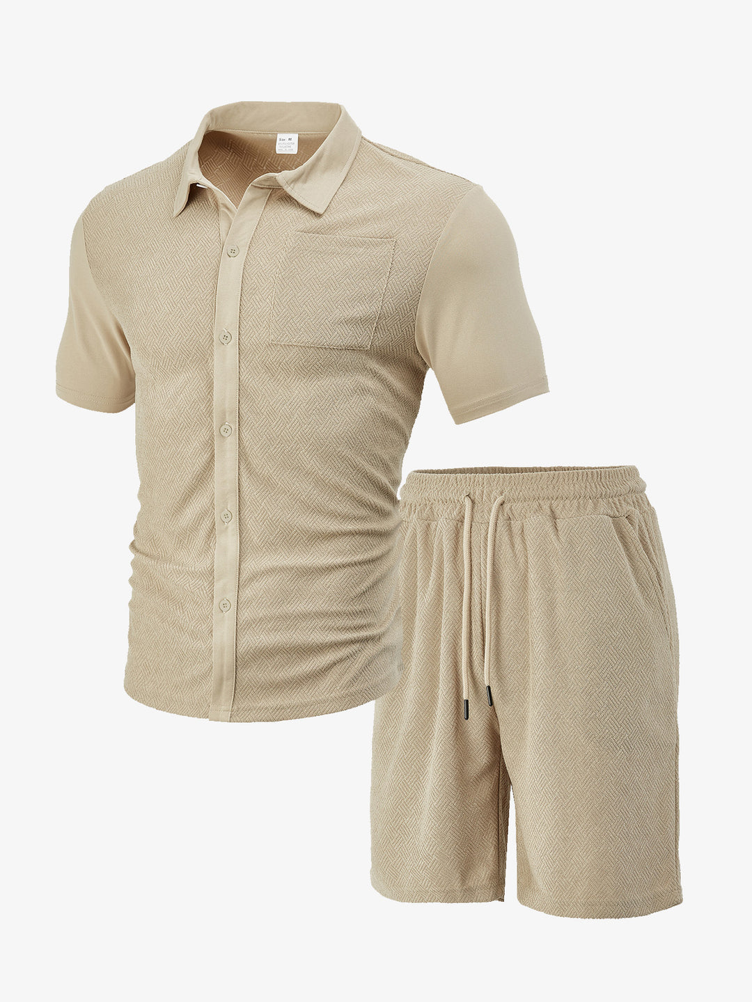 Men's buttoned leisure set with shirt collar herringbone structure chest pocket and drawstring shorts StylebySassy