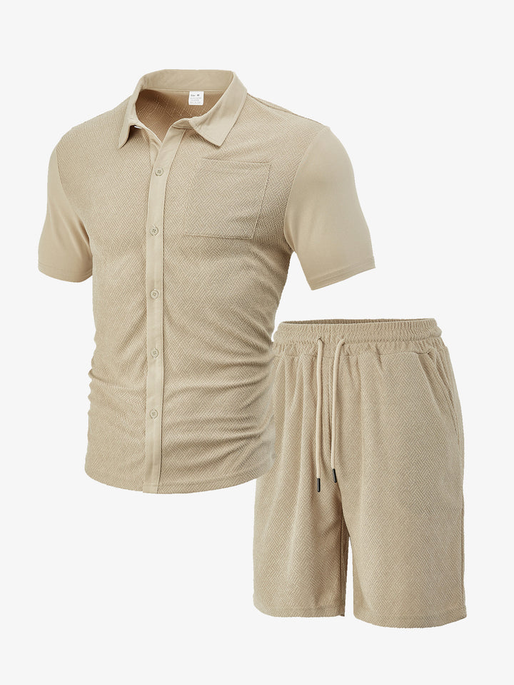 Men's buttoned leisure set with shirt collar herringbone structure chest pocket and drawstring shorts StylebySassy