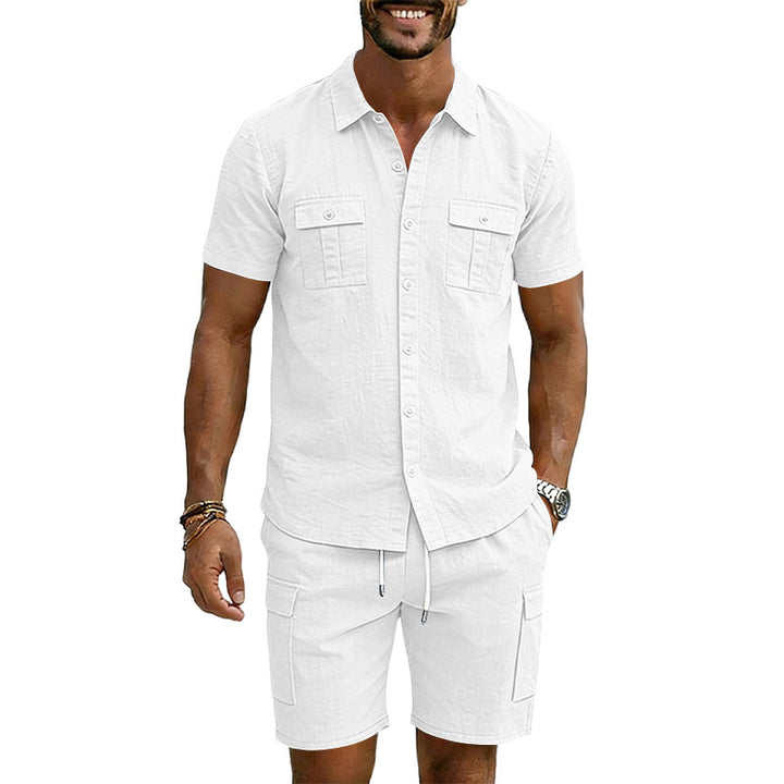 Men's summer short-sleeve shirt and cargo bermuda set made of linen blend with chest pockets and drawstring waistband StylebySassy