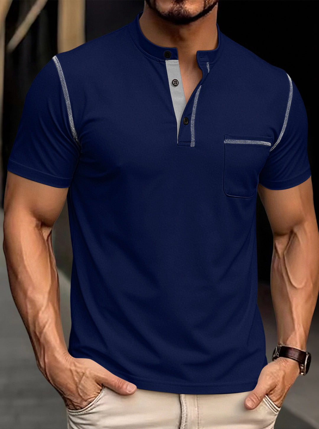 Men's modern short-sleeve Henley with stand collar, contrast stitching, and patch chest pocket StylebySassy