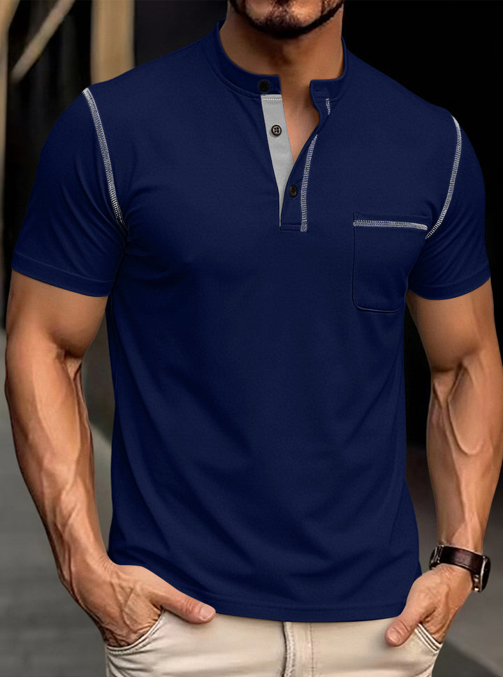 Men's modern short-sleeve Henley with stand collar, contrast stitching, and patch chest pocket StylebySassy
