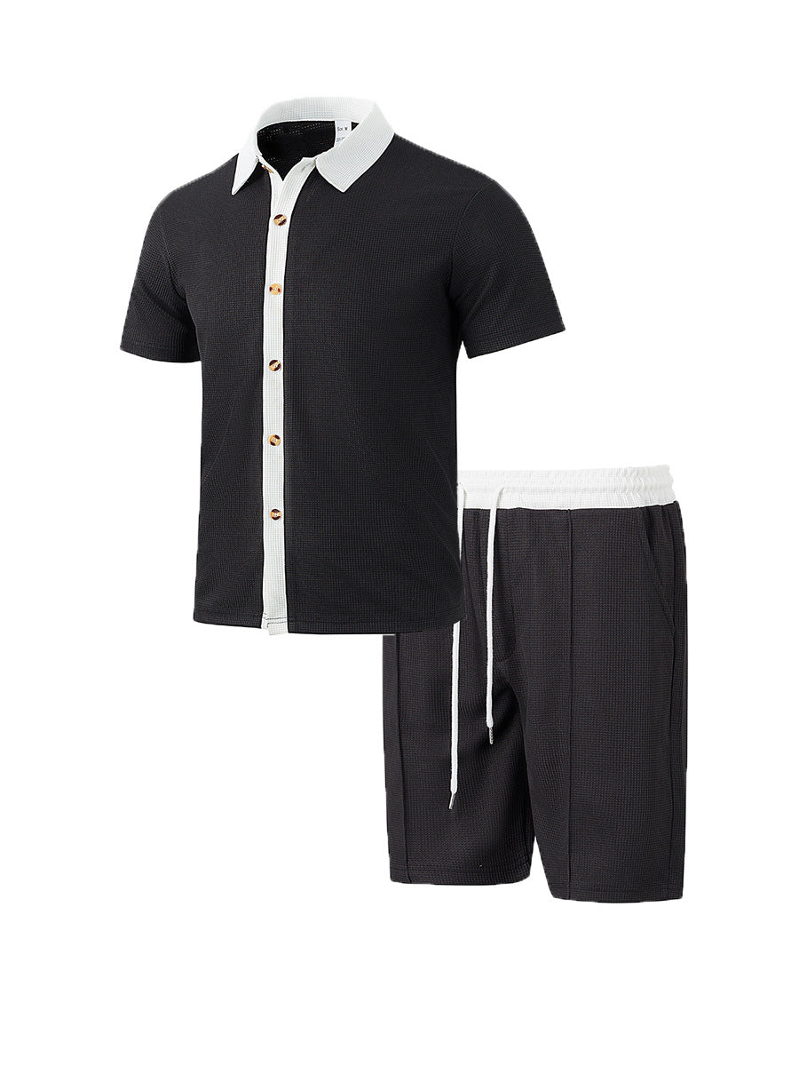 Men's modern leisure set made of fine textured jersey with shirt collar button placket and drawstring shorts StylebySassy